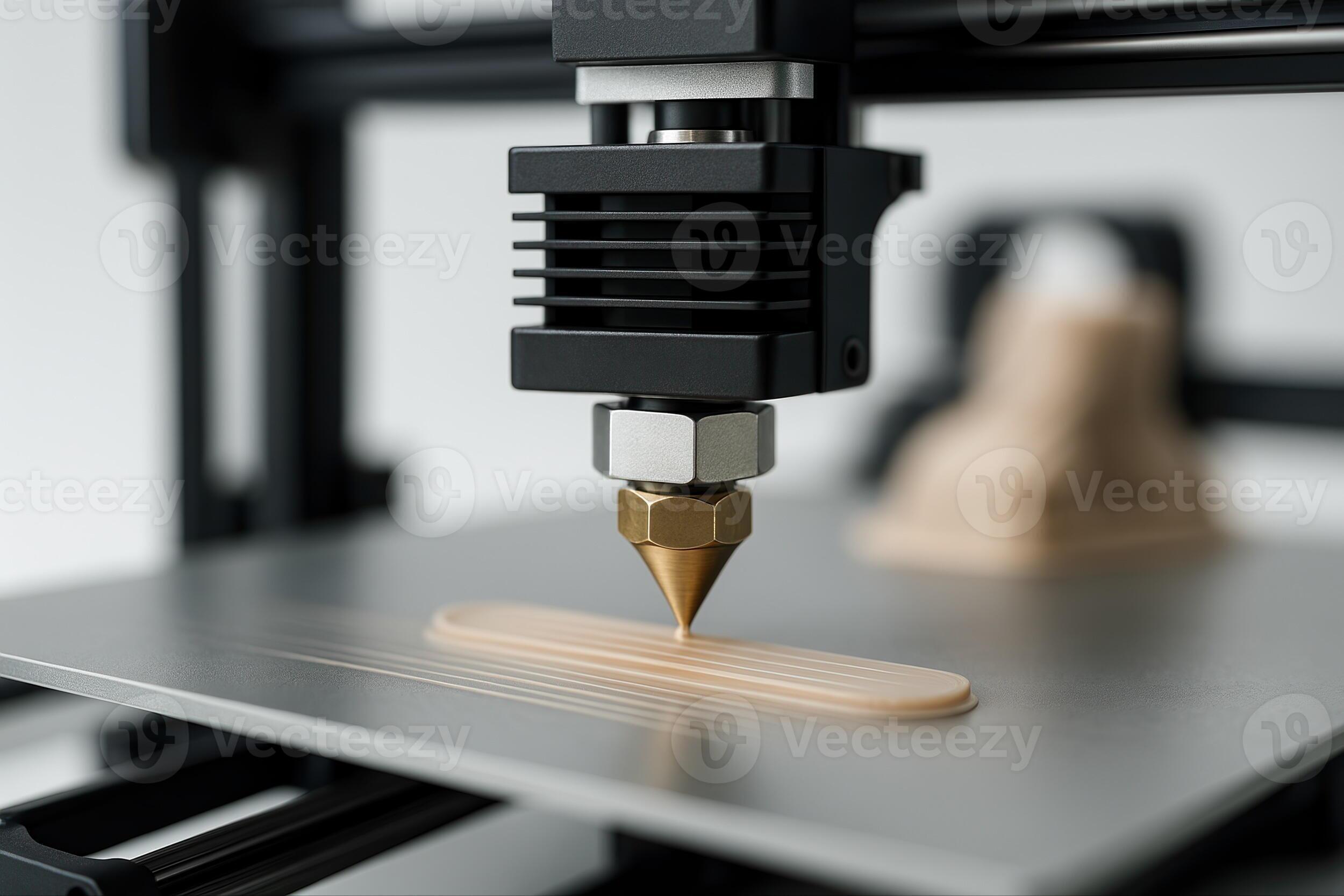 Close up view of a 3D printing nozzle extruding hot plastic layer by layer
