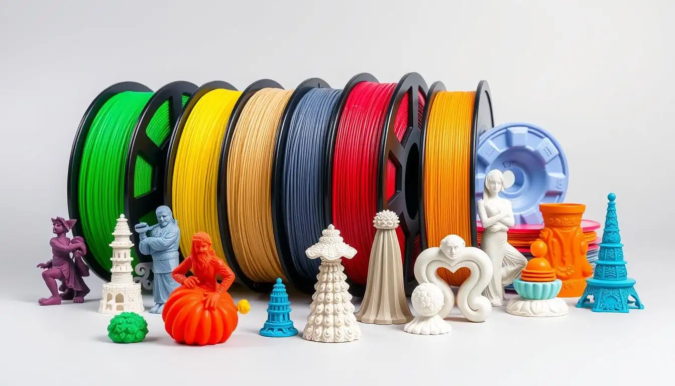 Various colorful plastic filaments and resin bottles used for 3D printing